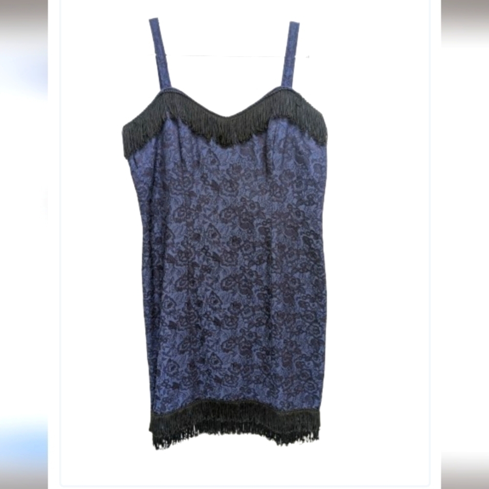 Créations Face à Faces blue floral Jacquard fringe brocade mini dress size M